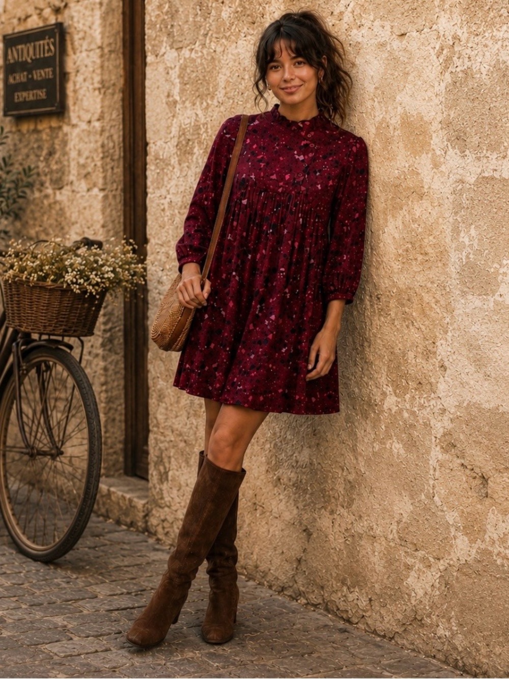 ba&sh Telma Babydoll Mini Dress Burgundy Abstract Animal Print 2 US Medium
